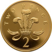 2 Pence - Elizabeth II 4th Portrait; Welsh Plumes, Gold Proof, United Kingdom, 2002-2008 reverse image