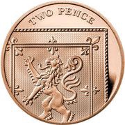 2 Pence - Elizabeth II 5th Portrait; Royal Shield, Gold Proof, United Kingdom, 2015-2022 reverse image