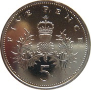 5 Pence - Elizabeth II 2nd portrait; set issue, United Kingdom, 1982-1984 reverse image