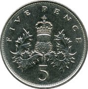 5 Pence - Elizabeth II 3rd portrait; large type, United Kingdom, 1985-1990 reverse image