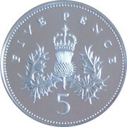 5 Pence - Elizabeth II 3rd portrait; large type, Silver Proof, United Kingdom, 1990 reverse image