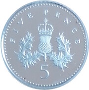 5 Pence - Elizabeth II 3rd portrait; small type, Silver Proof, United Kingdom, 1990-1996 reverse image