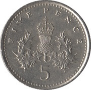 5 Pence - Elizabeth II 3rd portrait; small type, United Kingdom, 1990-1997 reverse image