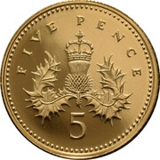 5 Pence - Elizabeth II 4th Portrait; Crowned Thistle, Gold Proof, United Kingdom, 2002-2008 reverse image