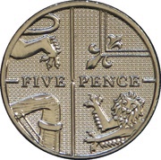 5 Pence - Elizabeth II 4th portrait; Royal Shield, magnetic, United Kingdom, 2011-2015 reverse image