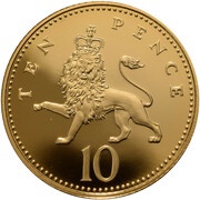 10 Pence - Elizabeth II 4th Portrait; Crowned Lion, Gold Proof, United Kingdom, 2002-2008 reverse image
