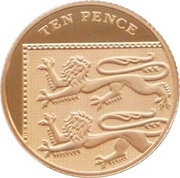 10 Pence - Elizabeth II 4th Portrait; Royal Shield, Gold Proof, United Kingdom, 2008-2015 reverse image