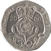 20 Pence - Elizabeth II 4th portrait; Tudor Rose, United Kingdom, 1998-2008 reverse image