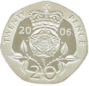 20 Pence - Elizabeth II 4th portrait; Tudor Rose, Silver Proof, United Kingdom, 2000-2008 reverse image