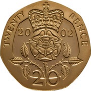 20 Pence - Elizabeth II 4th Portrait; Tudor Rose, Gold Proof, United Kingdom, 2002-2008 reverse image