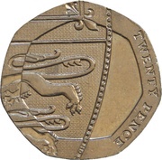 20 Pence - Elizabeth II 4th portrait; Royal Shield, United Kingdom, 2008-2015 reverse image
