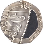 20 Pence - Elizabeth II 4th portrait; Royal Shield, Silver Proof, United Kingdom, 2008-2015 reverse image
