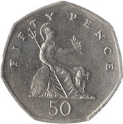 50 Pence - Elizabeth II 3rd portrait; large type, United Kingdom, 1985-1997 reverse image