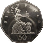 50 Pence - Elizabeth II 3rd portrait; large type, Silver Proof, United Kingdom, 1996-1997 reverse image