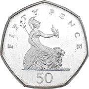 50 Pence - Elizabeth II 3rd portrait; small type, Silver Proof, United Kingdom, 1997 reverse image