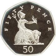 50 Pence - Elizabeth II 3rd portrait; small type, Silver Piedfort, United Kingdom, 1997 reverse image