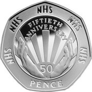 50 Pence - Elizabeth II NHS 50th Anniversary; Silver Piedfort, United Kingdom, 1998 reverse image