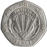 50 Pence - Elizabeth II 4th portrait; NHS 50th Anniversary, United Kingdom, 1998-2009 reverse image