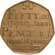 50 Pence - Elizabeth II Johnson's Dictionary; Gold Piedfort, United Kingdom, 2009 reverse image