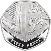 50 Pence - Elizabeth II 5th portrait; Royal Shield, Silver Proof, United Kingdom, 2015-2022 reverse image