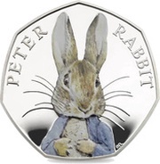 50 Pence - Elizabeth II Peter Rabbit; Silver Proof, United Kingdom, 2016 reverse image