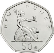 50 Pence - Elizabeth II 5th Portrait; Britannia, 50 Years, United Kingdom, 2019 reverse image