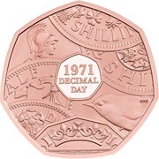 50 Pence - Elizabeth II 5th Portrait; Decimalisation Anniversary, Gold Piedfort, United Kingdom, 2021 reverse image