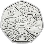 50 Pence - Elizabeth II 5th portrait; Decimalisation Anniversary, United Kingdom, 2021 reverse image