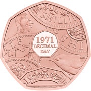 50 Pence - Elizabeth II 2nd portrait; Decimalisation Anniversary, Gold Proof, United Kingdom, 2021 reverse image