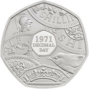 50 Pence - Elizabeth II 2nd portrait; Decimalisation Anniversary, Silver Proof, United Kingdom, 2021 reverse image