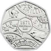 50 Pence - Elizabeth II 2nd portrait; Decimalisation Anniversary, United Kingdom, 2021 reverse image
