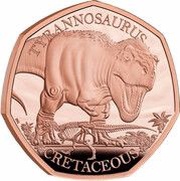50 Pence - Charles III Tyrannosaurus; Gold Proof, United Kingdom, 2024 reverse image