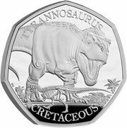 50 Pence - Charles III Tyrannosaurus; Silver Proof, United Kingdom, 2024 reverse image