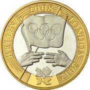 2 Pounds - Elizabeth II Olympics Handover; Silver Piedfort, United Kingdom, 2008 reverse image