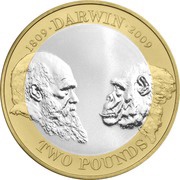 2 Pounds - Elizabeth II Charles Darwin; Silver Proof, United Kingdom, 2009 reverse image