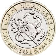 2 Pounds - Elizabeth II 5th portrait; Shakespeare, Comedy, United Kingdom, 2016 reverse image