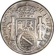 960 Réis - João, Prince Regent Minas Gerais; countermarked on Bolivia 8 Reales, KM#55, Brazil, 1808 reverse image