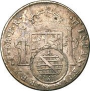 960 Réis - João Prince Regent Minas Gerais; Countermarked Bolivia 8 Reales, Bolivia 8 Reales, KM#64, Brazil, 1808 reverse image