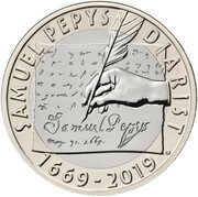 2 Pounds - Elizabeth II 5th Portrait; Samuel Pepys' Diary, United Kingdom, 2019 reverse image