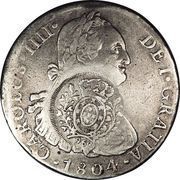 960 Réis - João Prince Regent Minas Gerais; countermarked Peru 8 Reales, KM#97 obverse image