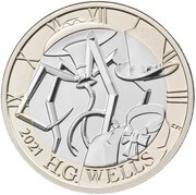 2 Pounds - Elizabeth II 5th portrait; H.G Wells, United Kingdom, 2021 reverse image