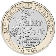 2 Pounds - Elizabeth II 5th portrait; Sir Walter Scott, United Kingdom, 2021 reverse image