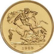 5 Sovereigns - Elizabeth II 3rd portrait; Brilliant Uncirculated, United Kingdom, 1985-1997 reverse image