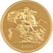 5 Sovereigns - Elizabeth II 3rd portrait; Proof, United Kingdom, 1985-1997 reverse image