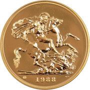 5 Sovereigns - Elizabeth II 3rd portrait; modified effigy, United Kingdom, 1987-1988 reverse image