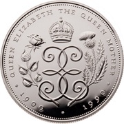 5 Pounds - Elizabeth II Queen Mother; Silver Proof, United Kingdom, 1990 reverse image