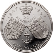 5 Pounds - Elizabeth II Golden Wedding; Silver Proof, United Kingdom, 1997 reverse image