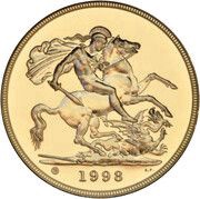 5 Sovereigns - Elizabeth II 4th portrait; Brilliant Uncirculated, United Kingdom, 1998-2001 reverse image