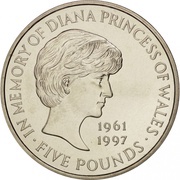 5 Pounds - Elizabeth II 4th portrait; Diana, Princess of Wales, United Kingdom, 1999 reverse image