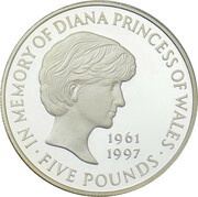 5 Pounds - Elizabeth II Diana, Princess of Wales; Silver Proof, United Kingdom, 1999 reverse image